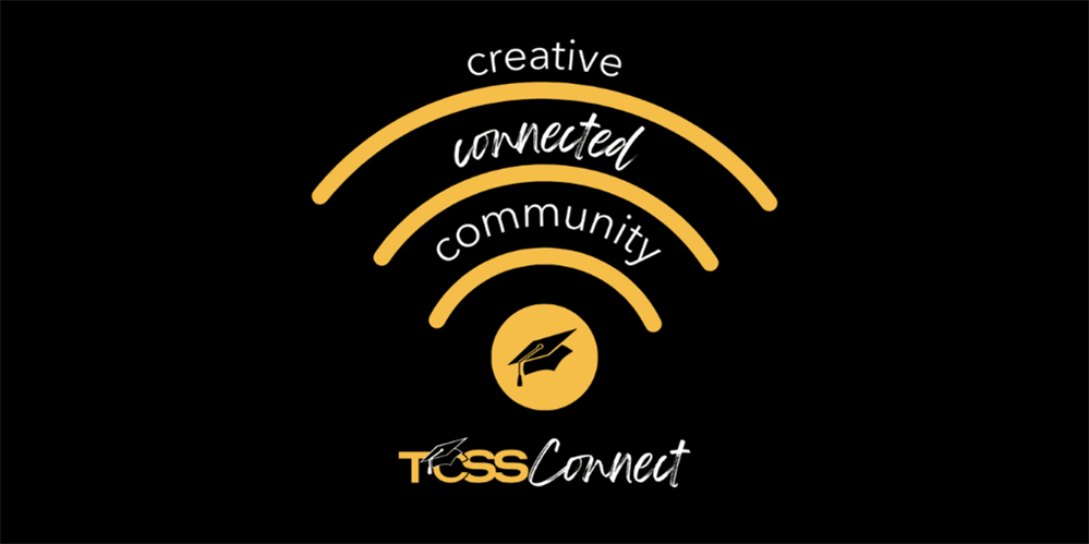 wifi symbol with words: creative, connected, community, TCSS connect; with graduation hat image wifi symbol with words: creative, connected, community, TCSS connect; with graduation hat image